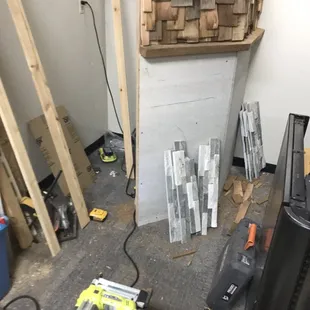 a pile of wood and tools