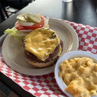 Big daddy burger with side of Mac and cheese