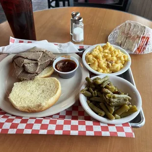 Brisket, mac n cheese, green beans and strawberry cake
