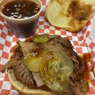 Brisket sandwich and baked beans