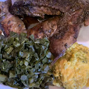 Jerk turkey wing, Broccoli casserole, and collard greens