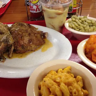 Baked chicken and dressing, Lima beans, Mac n cheese, yams and banana pudding. Yummmmmmmm