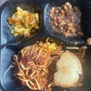 Kids Spaghetti Meal, Baked Beans, and Mac &amp; Macaroni and Cheese