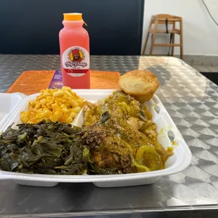 Baked chicken breast, dressing , gravy, Mac and cheese,cornbread and greens.strawberry lemonade.