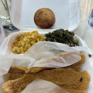 Fried Cat Fish w/ Macaroni &amp; Cheese + Collard Greens