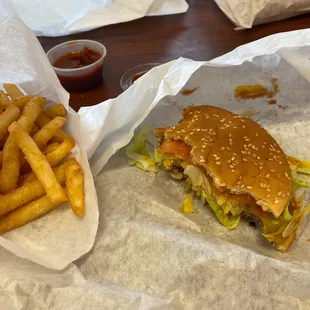 Cheeseburger and fries. Yum. Really good food for a small dive.