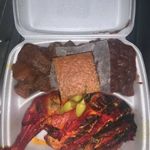 Chicken dinner with yams and red beans and rice