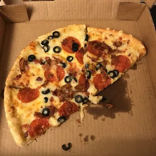 White Pie add bacon, pepperoni and black olives.