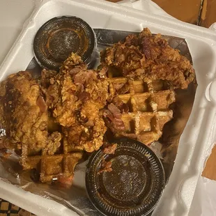 Chicken and Waffles to go - pretty bland even with the hot sauce-honey syrup