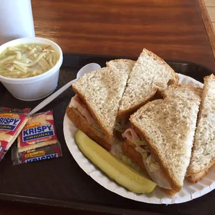 12" sub on cracked wheat bread = 2 sandwiches! Yes, I ate it all. Good chicken noodle soup too.