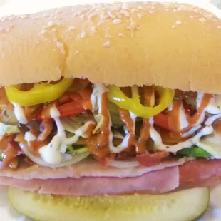 The Duke: Ham, Roast Pork and Bacon. On Asiago Bun, w/ Cojack cheese, Ranch and Chipotle Sauce. Yummm!