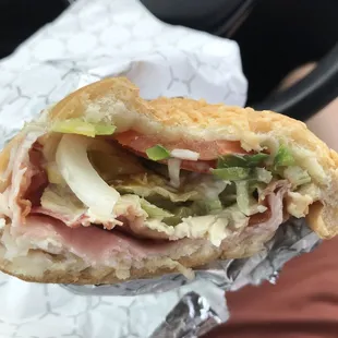 Turkey, ham and bacon on Asiago bread. With lots of fillings