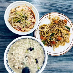 Stir fried noodles with beef, stir fried lamb soup with soaked pita, cold noodles with sesame