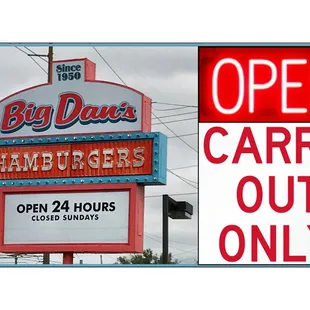 We heard your requests to stay open and we'll be here for you, but with carry out only to comply with state regulations.