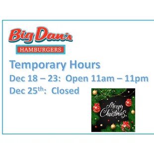 New hours for Dec 18 - Dec 25, 2023