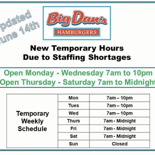 Updated hours due to staffing shortages.