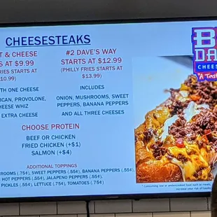 Digital display menu 2 of 2. Cheesesteaks sandwiches.