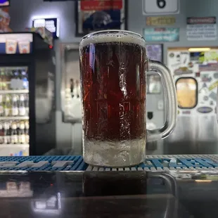 Icy cold Amber Bock, other bottled delights in the fridge