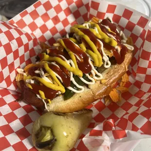 hot dog with mustard and ketchup