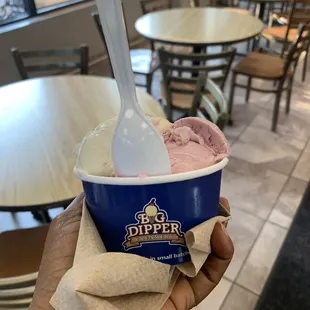 a hand holding a cup of ice cream