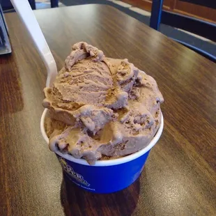 Two scoops of chocolate peanut butter ice cream.