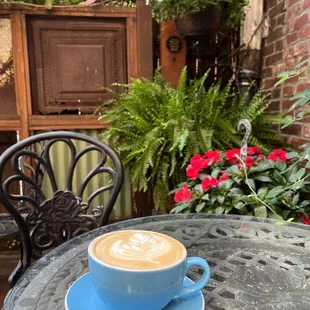 Honey lavender cafe latte in the garden