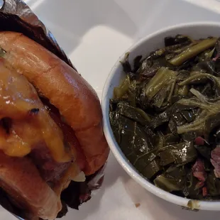 All American sausage sammich and collard greens - delish