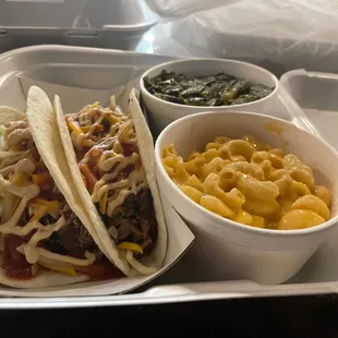 Smoked Brisket tacos, collard greens and mac &amp; cheese.