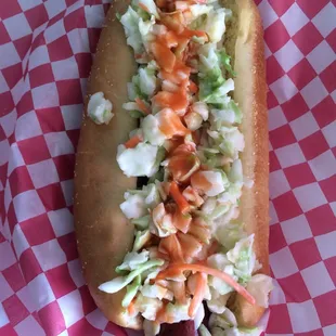 Their buffalo dog! Blue cheese, coleslaw and Franks Red hot! Delish!