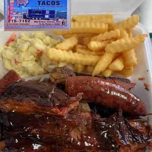 Sampler Plate. Brisket Ribs and Sausage with choice of two sides. Sides: Rice, Beans, Potato salad, or French Fries