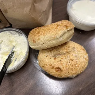 Bagels and cream cheese to go.