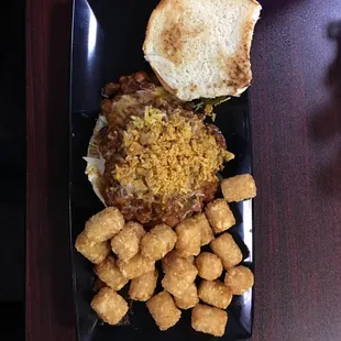 Chili cheese burgers with tater tots