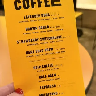 Coffee menu
