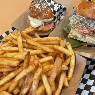 Big E Fries, C.R.E.A.M sandwich on the left and California Dream on the right.