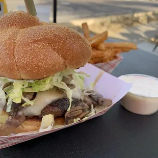 Mushroom burger, Cajun fries with a side of ranch for dipping.