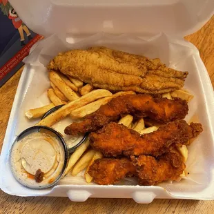 Cajun Chicken Fingers, Catfish, Cajun Fries, Hush Puppies, and creole mayo