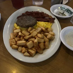 Two eggs scrambled with Spicy Pork Sausage Patty and Bacon