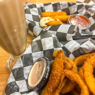 Chocolate milkshake, onion rings and mozzarella sticks.