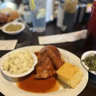 Hot bbq chicken. Potato Salad. Collards. Corn Bread