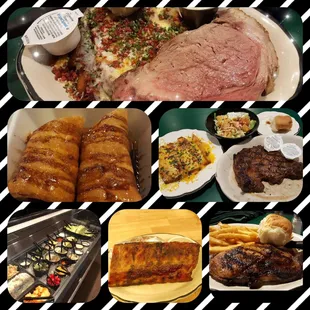 Old fashioned prime rib, fried cheesecake, top sirloin, homemade salad bar, and house smoked baby back ribs