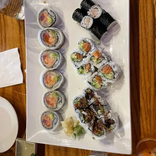 Tokyo rainbow roll, yellowtail roll, Alaska roll, salmon skin roll
