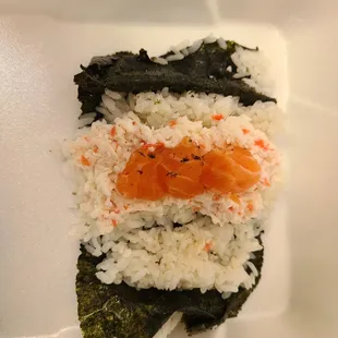 salmon and rice on a plate
