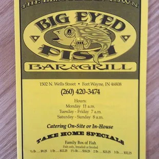 The "Big Eyed Fish" Cover Menu.