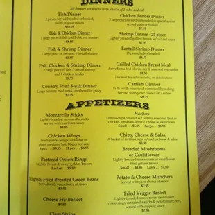 The Dinners &amp; Appetizers Menu.