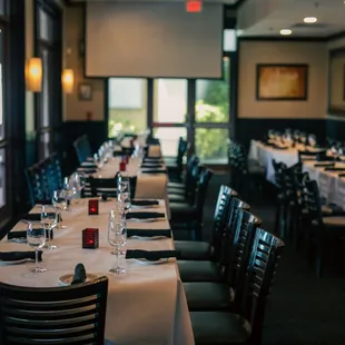a dining room with tables and chairs