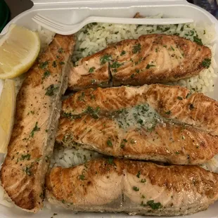 Grilled Salmon Over Rice with Garlic Butter