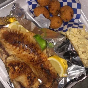 Grilled red snapper hush puppies macaroni salad was perfect