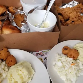 D. 12 Piece Fish, 20 Piece Medium Shrimp and 10 Hush Puppies Family Special Plate