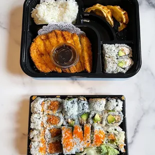 Pork Katsu Lunch Box, 3 Rolls Lunch Special (Eel Avocado Roll, Spicy Salmon Roll &amp; Shrimp Tempura Roll)