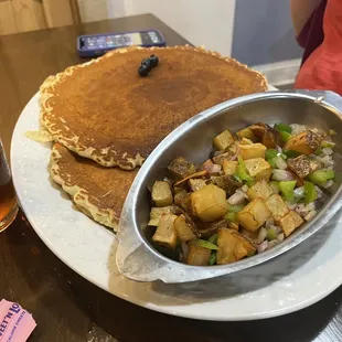 Blueberry pancakes with hash.